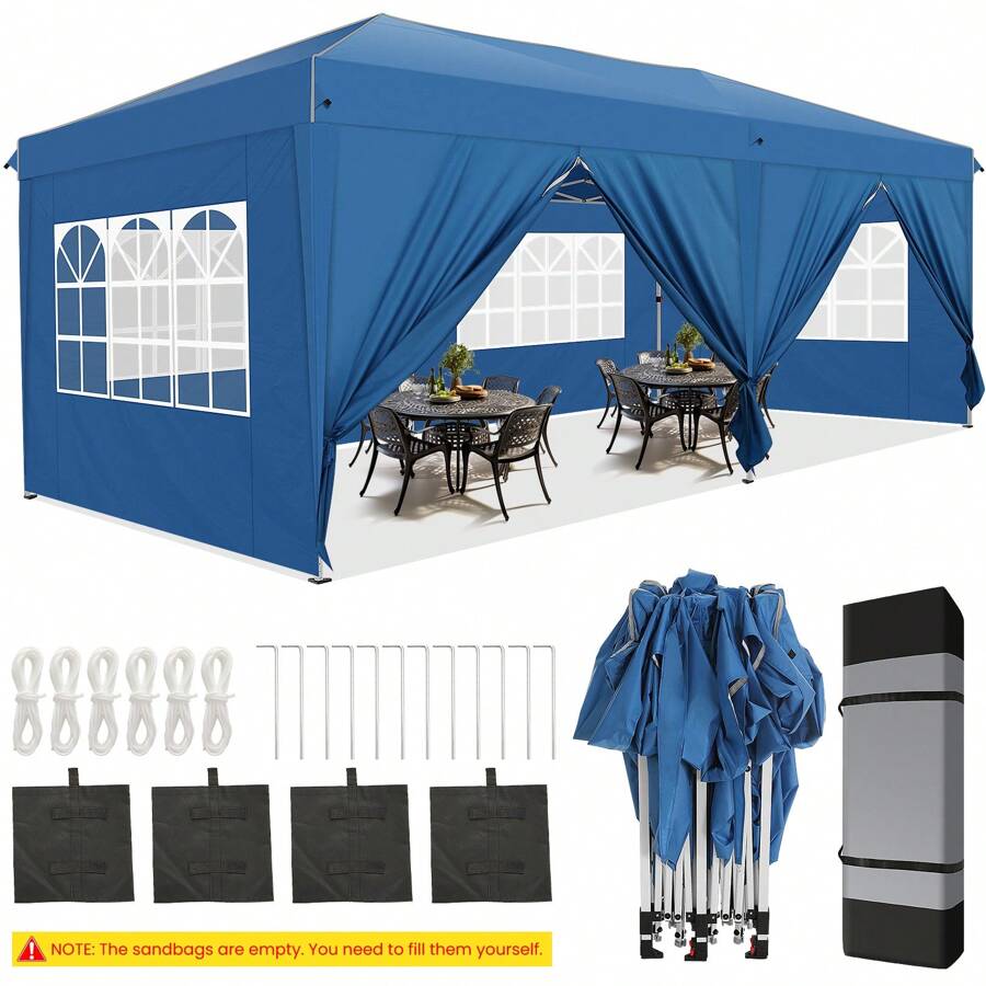 Gazebo 3x6 With Side Walls, Folding Pavilion 3x6 Waterproof, Stable, Winterproof With Bag With Wheels, 4 Sandbags, Easy To Set Up Folding Tent For Outdoor Party, Garden, Event - 藍色 - 查看 1