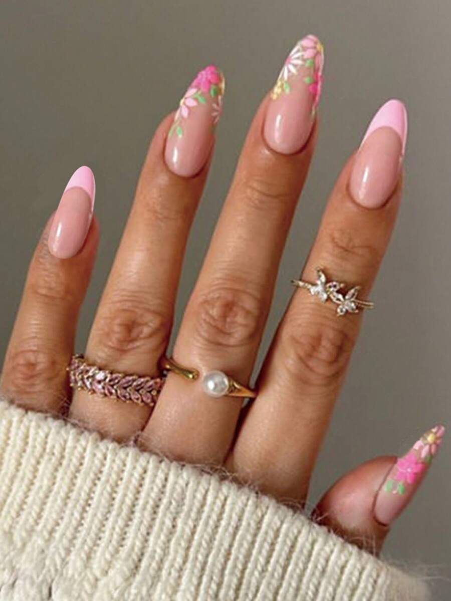 24 piezas de uñas postizas en forma de almendras con flores y color de uñas con presión falsa, desmontables y con tapa completa - Multicolor - Ver 1