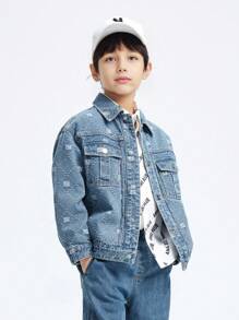 Annil Chaqueta de mezclilla de jacquard diamante versátil de moda para niño preadolescente para primavera y otoño