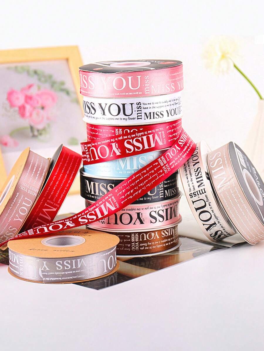 1入組「MISS YOU」信封款緞帶，聚酯纖維製，2.5公分寬，可用於鮮花、蛋糕包裝、婚禮節日派對裝飾、禮盒包裝，全長50碼 - 彩色 - 查看 1