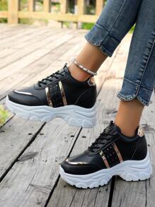 1pair Women Black Leather Casual Sneakers, Platform Wedge Heel Chunky Sneakers With Insole, Suitable For Casual, Vacation, Date, Rose Gold Stripes, Elegant Minimalist Classic, 7.5cm Heel Height