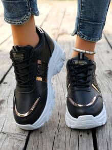 1pair Women Black Leather Casual Sneakers, Platform Wedge Heel Chunky Sneakers With Insole, Suitable For Casual, Vacation, Date, Rose Gold Stripes, Elegant Minimalist Classic, 7.5cm Heel Height