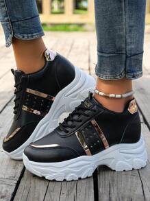 1pair Women Black Leather Casual Sneakers, Platform Wedge Heel Chunky Sneakers With Insole, Suitable For Casual, Vacation, Date, Rose Gold Stripes, Elegant Minimalist Classic, 7.5cm Heel Height
