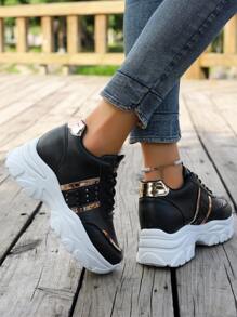 1pair Women Black Leather Casual Sneakers, Platform Wedge Heel Chunky Sneakers With Insole, Suitable For Casual, Vacation, Date, Rose Gold Stripes, Elegant Minimalist Classic, 7.5cm Heel Height