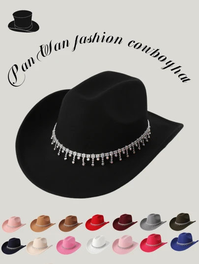 1pc Ladies' Solid Color Western Cowboy Hat With Colorful Drop Pendant, Suitable For Daily Use Party Cowboy Hat Cowgirl Hat Halloween