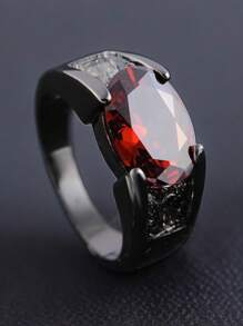 一枚新的鍍黑色黑鎢鋼戒指，設有紅寶石成品，適用於派對和婚禮 - 槍黑色 - 查看 4
