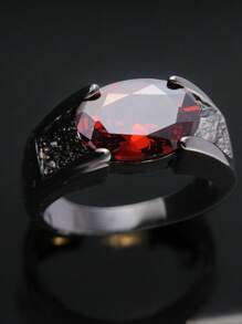 一枚新的鍍黑色黑鎢鋼戒指，設有紅寶石成品，適用於派對和婚禮 - 槍黑色 - 查看 1