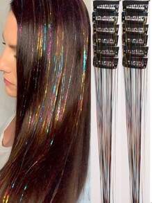 12入組中長直接式合成髮束，時尚派對女士髮箍禮品，12入組髮箍彩色閃粉細絲髮束，20英寸夾式閃光細絲髮扩展，節日禮物細絲仙女髮扩展，派對炫耀髮飾 - 彩色 - 查看 1