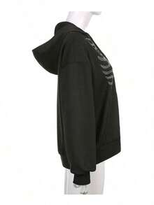 Otoño e invierno Mujeres con capucha Calle Sudadera Negro Suelto Casual Viento Color Sólido Esternón Caliente Perforación Personalizada Cremallera Incluso Sudadera Tipo Suelto - Negro - Ver 9