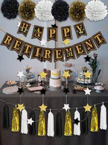 Happy Retirement Banner Background Set, 24pcs, Including 'HAPPYRETIREMENT' Banner 1 Pack, Black, Gold, White Tassel 15pcs, Black, Gold, White Pennant Banner 1pc, Black, Gold, White Paper Flower 6pcs,Christmas