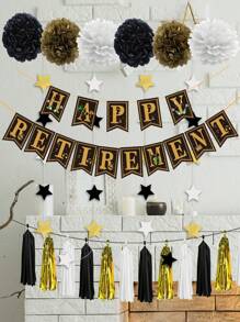 Happy Retirement Banner Background Set, 24pcs, Including 'HAPPYRETIREMENT' Banner 1 Pack, Black, Gold, White Tassel 15pcs, Black, Gold, White Pennant Banner 1pc, Black, Gold, White Paper Flower 6pcs,Christmas