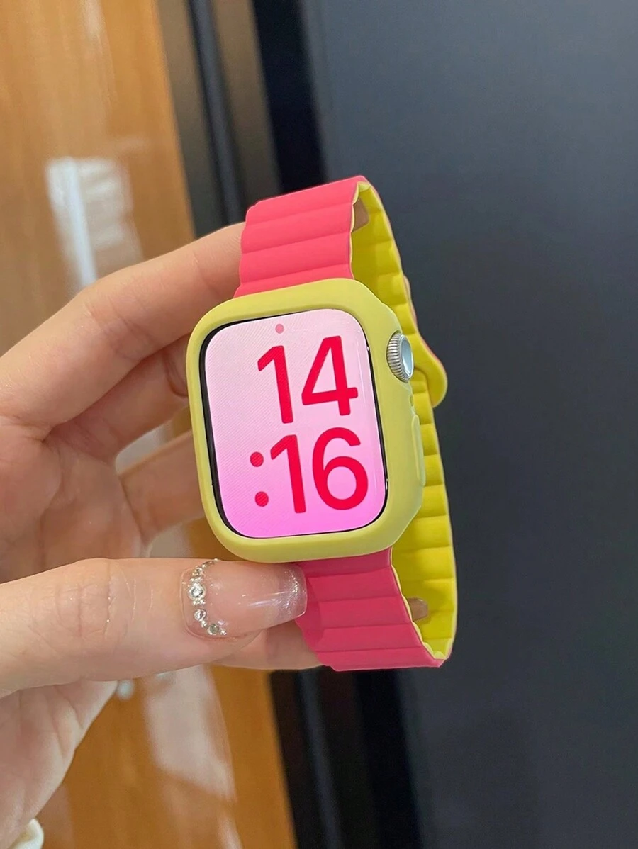 2pcs/Set Fashionable Adjustable Magnetic Silicone Watch Band And Soft Hollow Protective Watch Case, Compatible With Apple Watch 38/40/41/42/44/45/46/49mm, Compatible With Apple Watch Series Ultra/SE/11/10/9/8/7/6/5/4/3/2/1