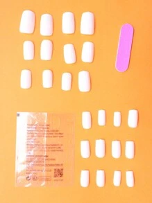 48片中号方形白色假指甲套装 - 全覆盖式假指甲，含2个指甲锉和2张指甲胶贴，送给女孩、母亲和女性的礼物，美白美甲套装，可卸式按压指甲，适合节日、派对、约会和日常佩戴，美甲用品 - 白色 - 查看 4