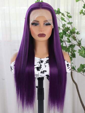 Long Straight Purple Synthetic Lace Front Wigs Glueless Violet Color Soft Hair Silky 13X4 Front Lace Wig For Women 26 Inches Grape Purple Color Heat Resistant Fiber Hair Natural Hair Line Middle Part Wig Daily Use