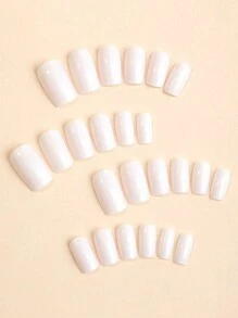 48片中号方形白色假指甲套装 - 全覆盖式假指甲，含2个指甲锉和2张指甲胶贴，送给女孩、母亲和女性的礼物，美白美甲套装，可卸式按压指甲，适合节日、派对、约会和日常佩戴，美甲用品 - 白色 - 查看 3
