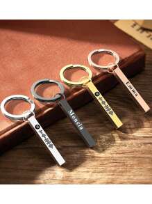 Personalized Men's Name Engraved Keychain, Classic Stainless Steel Round Keyring With Bar Pendant, Fashionable And Simple Customized Name And Date Keyring For Bag Or Luggage Tag, Family Jewelry As A Gift For Boyfriends And Fathers On Holidays Like Father's Day