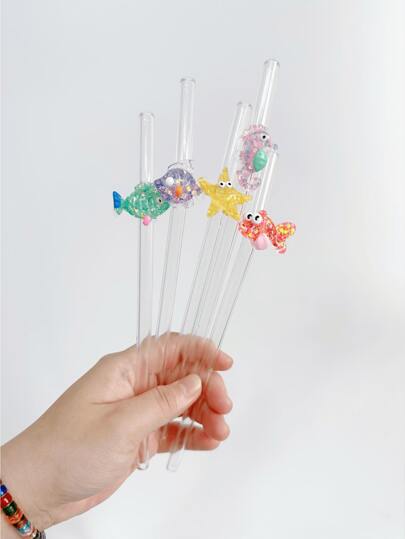 1pc Resistant Glass Drinking Straw With Starfish Design, Anti-Scald For Iced Drinks, Colored Goldfish & Seashorse Shaped Curved Glass Straw, Ideal For Bubble Tea And Milkshakes,Kitchen,Christmas Gift,School Supplies