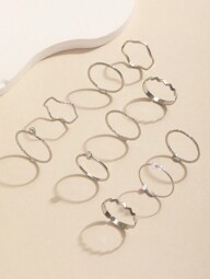 Conjunto De 10 Anéis De Design Geométrico De Cor Prata Decorados Com Pedrarias Para Mulheres