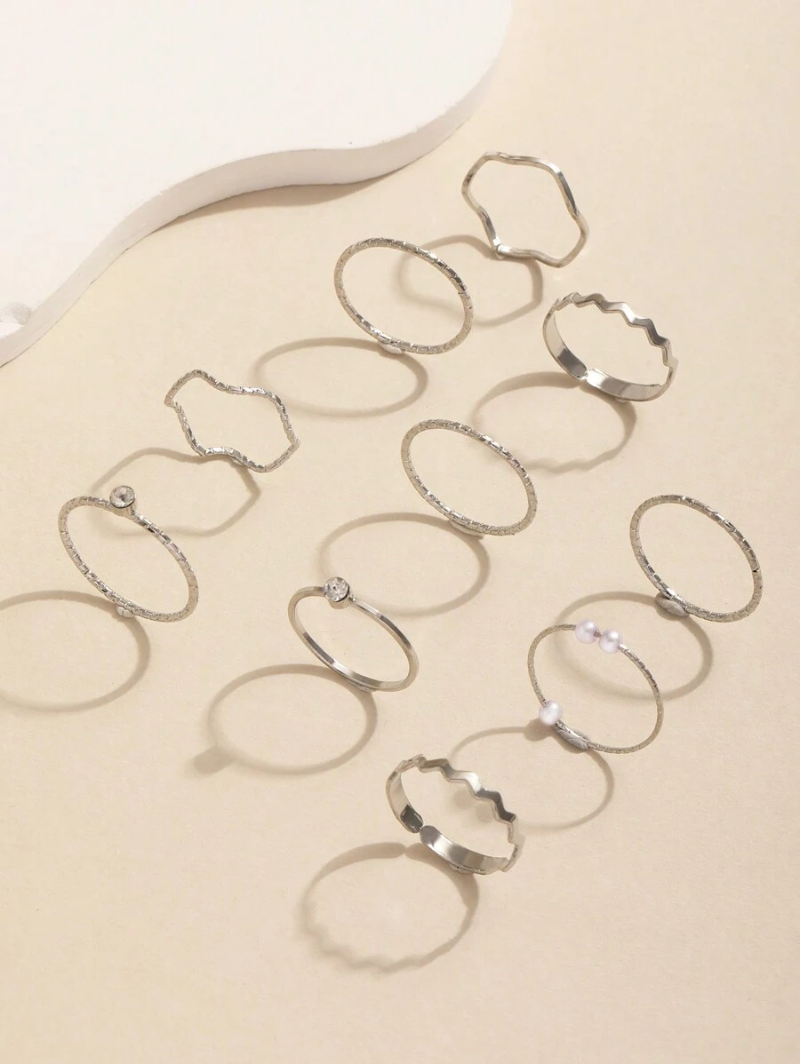 10pcs Geometric Design Silver-color Ring Set Decorated With Rhinestones ...