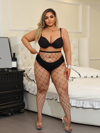 1pc Plus Size Black Fishnet Stockings High Elasticity Hollow Out Pantyhose All Seasons For Women