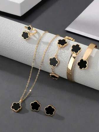 5 pièces/Set bracelet, collier, boucles d'oreilles, jonc et bague design trèfle à quatre feuilles porte-bonheur, Saint-Valentin
