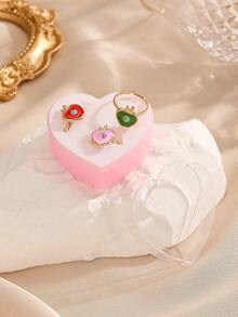 3入組時尚幾何星形戒指套裝，配有可愛的心形、包包和花朵戒指（禮盒包裝），適合度假、約會、日常佩戴和送禮