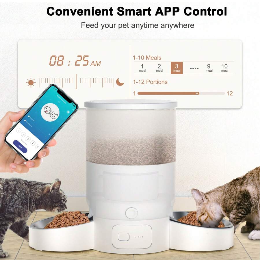 Habas 2貓自動餵食器-3L雙用寵物喂食器，帶5GWIFI、APP控制，雙不銹鋼碗，智能遠程定時、定量多貓餵食，適用於貓狗養殖，具有記錄功能 - 白色 - 查看 1