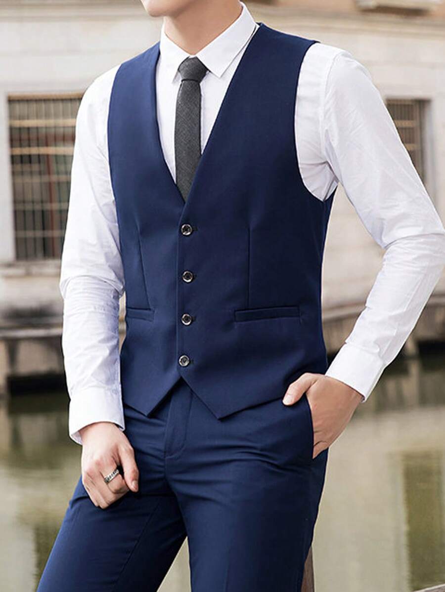 Men's Slim Fit Casual Waistcoat Vest Jacket Lightweight British Style - Navy Blue - View 1
