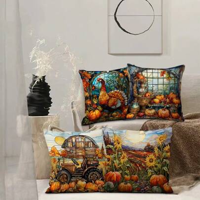 4pcs Thanksgiving Short Plush Pillowcases, Minimalist Decorative Style For Room Sofa