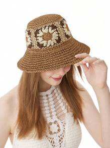 LEAJOURNO. 1頂女性花卉圖案針織時尚草帽,適用於戶外波希米亞風格 - 卡其色 - 查看 5