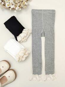 3入組女童可愛蕾絲邊七分褲襪，適合日常穿著 - 彩色 - 查看 3