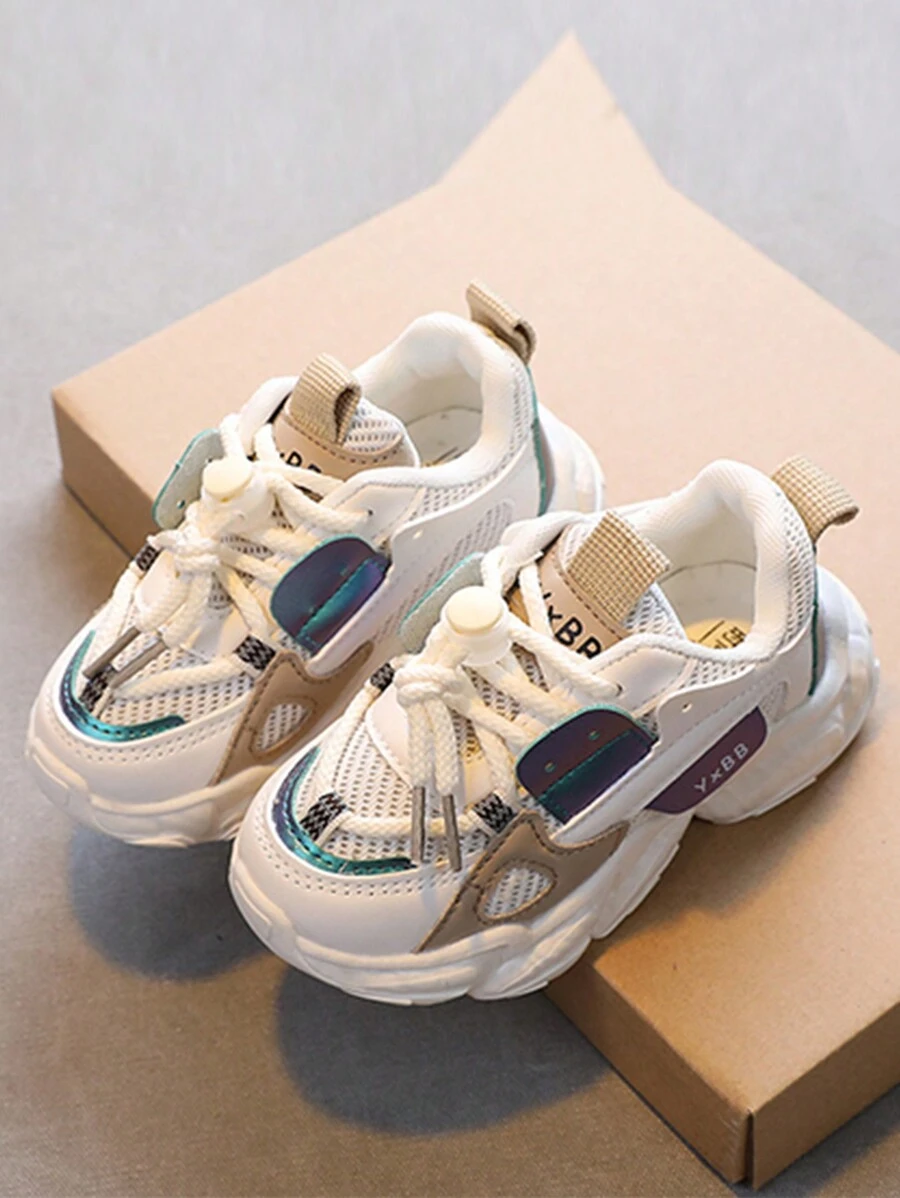 1pair Fashionable PU Mesh Color Block Athletic Shoes With Anti-Slip, Wear-Resistant And Breathable Qualities, Suitable For Children Aged 7 To 14 - Beige - View 1