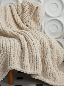 1pc Handmade Chenille Striped Hollow-Out Knit Blanket, Soft Thick Warm Nap Throw Blanket For Sofa, Travel, Leisure, Home Decor, Bedding - Beige - View 3