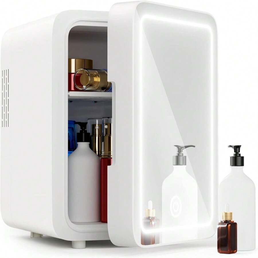THREEKEY Mini Fridge With Dimmable LED Mirror (4 Liter/6 Can) - Cooler And Warmer For Makeup, Skincare, Food - Ideal For Bedroom, Office, And Car - White - US A Type Plug(110-127V) - View 1