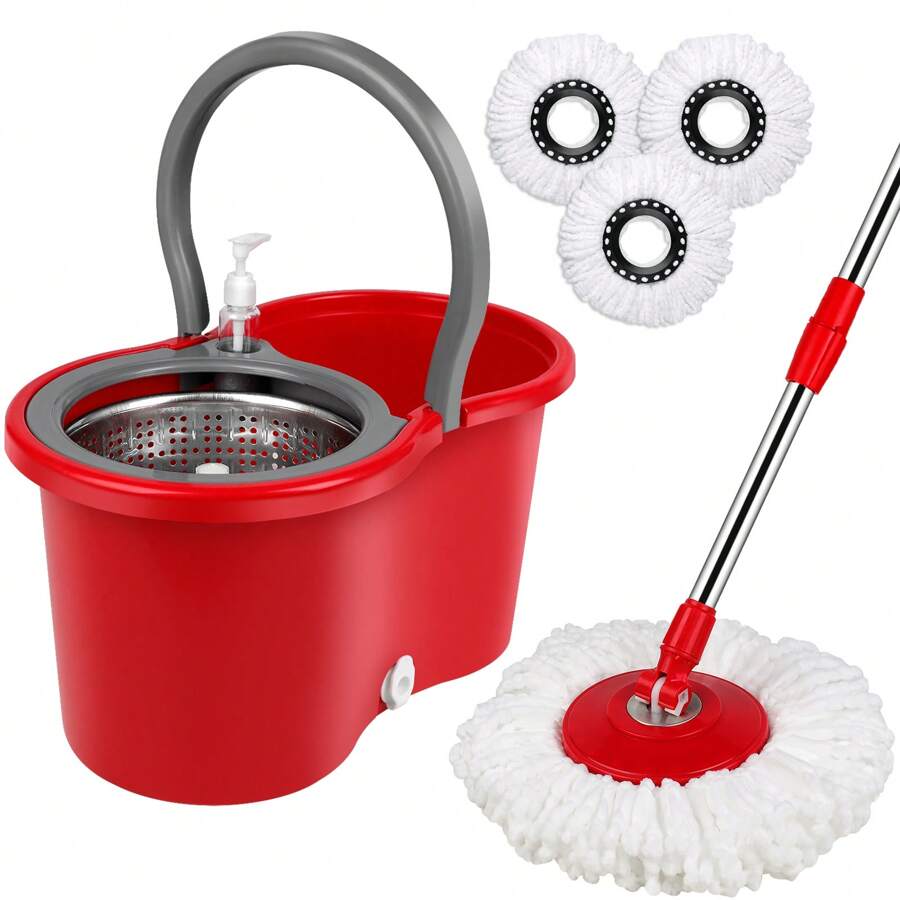 Mop And Bucket With Wringer Set, 360° Spin Mop And Bucket With 3 Microfiber Mop Refills, Stainless Steel 61" Extended Handle Spinning Mop Bucket System For Floor Cleaning, Red - Đỏ - Xem 1