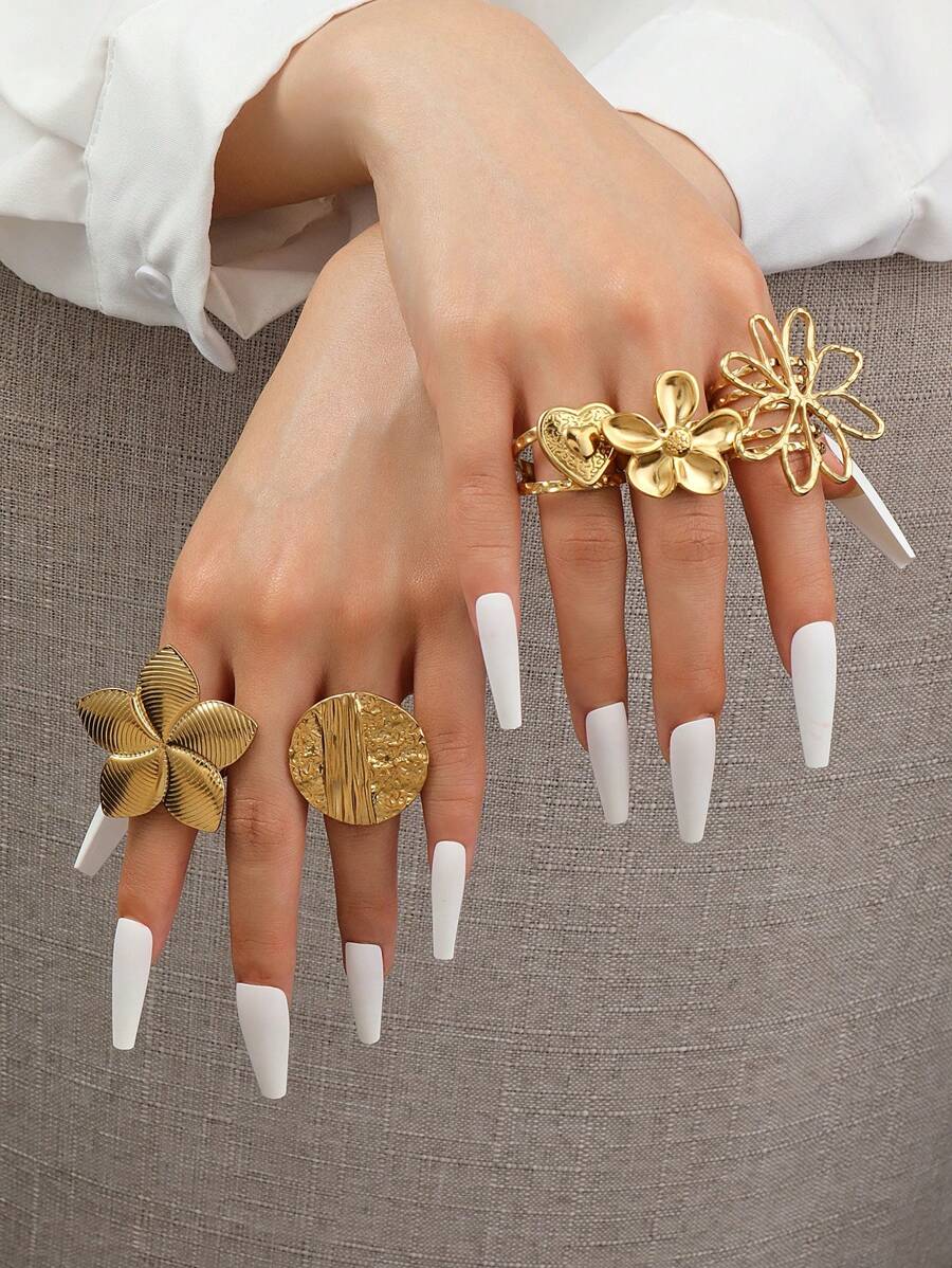 5pcs Stainless Steel Fashionable Exaggerated Creative Golden Round, Flower And Heart Shape Ring Set, Suitable For Women's Daily Wear Or Gift Giving Valentines - Yellow Gold - View 1