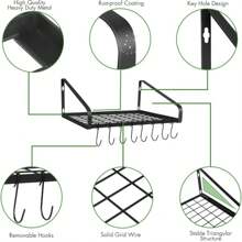 1pc Pot And Pan Hanger, Wall Mounted Pots And Pan Hanging Rack With 8 Hooks For Kitchen Cookware Utensils 2 DIY Methods Black Steel Hanging Pot Rack - Black - View 7