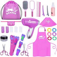 Gifts2U Hair Salon Toys For Girls, 26 Pcs Realistic Girl Beauty Salon Playset Hair Styling Set With Blow Dryer, Barber Costume Apron, Scissors And Stylist Accessories. - Purple - View 1