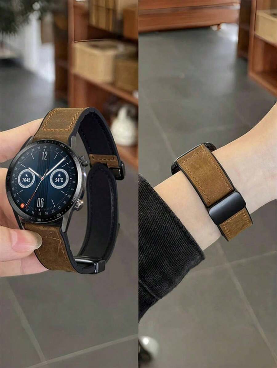 1 件硅胶皮革磁性智能手表表带,兼容华为,兼容 Fitbit Versa 2 1,兼容三星 Galaxy Watch 6 5 4 40mm 44mm,Galaxy Watch 5 Pro 45mm/Watch 6 4 Classic 42mm 46mm 43mm 47mm/Active 2,适合 20mm 和 22mm 手表,男女通用 - 棕色 - 查看 1