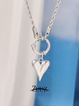 1 件时尚不锈钢心形项链女式扭纹链心形吊坠项链颈链珠宝情侣节日礼物情人节