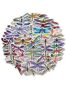 53入組精緻可愛的蜻蜓卡通貼紙，適用於創意裝飾，自粘筆記本、筆電水杯、手機防水貼紙等。 - 彩色 - 查看 10