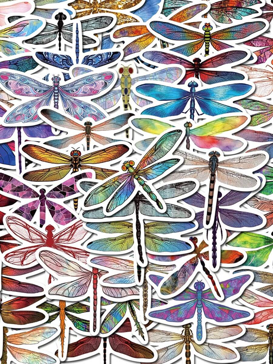 53入組精緻可愛的蜻蜓卡通貼紙，適用於創意裝飾，自粘筆記本、筆電水杯、手機防水貼紙等。 - 彩色 - 查看 1