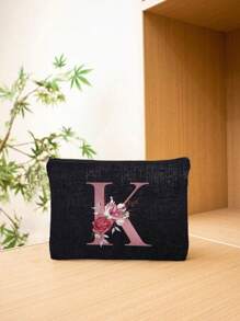 1 Stück - Buchstaben Muster bedruckte multifunktionale Reißverschluss Kosmetiktasche, Damen Kosmetiktasche, schwarze Leinen Tasche, Geldbörse, Initialen 26 Buchstaben Muster Kulturbeutel, Kulturbeutel für Hochzeitspartys, Reißverschluss Handy Geldbörse, Stifttasche, Kosmetiktasche mit großem Fassungsvermögen, Clutch, Brautjungfer Kosmetiktasche, Kulturbeutel, Make-up Box, Handtasche, Reise Kosmetiktasche, Make-up Pinsel Aufbewahrung, Boho Vibes, für Urlaub am Strand, Badezimmer Kollektion, Schlafzimmer Kollektion, Großes Fassungsvermögen - Schwarz - Übersicht 27