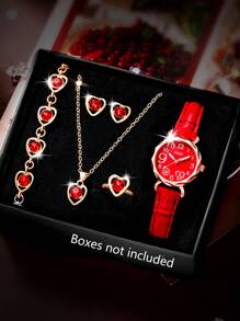 SOKI SOKI 1 Set Women's Fashion Casual Quartz Watch With Peach-Shaped Dial, Matching Heart-Shaped Necklace, Earrings, Bracelet And Ring Jewelry Set, Suitable For Daily Wear, Birthday Gift, Party, Holiday Gathering, Ideal Gift For Yourself Or Friends. No Packaging Box Included. - Red - View 1