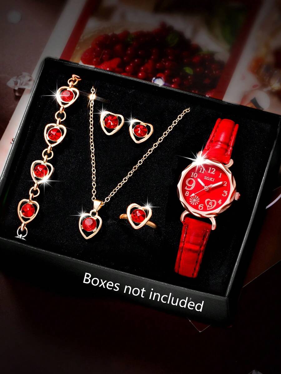 SOKI SOKI 1 Set Women's Fashion Casual Quartz Watch With Peach-Shaped Dial, Matching Heart-Shaped Necklace, Earrings, Bracelet And Ring Jewelry Set, Suitable For Daily Wear, Birthday Gift, Party, Holiday Gathering, Ideal Gift For Yourself Or Friends. No Packaging Box Included. - Red - View 1