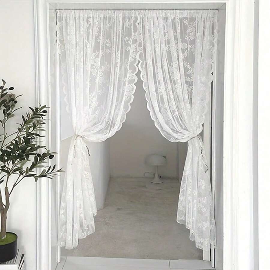 1 pieza de cortinas de encaje transparente, cortinas de encaje floral, cortinas de encaje floral de moda antigua para la sala de estar, paneles de cortinas victorianas con bolsillo para la varilla - Blanco - Ver 1