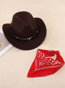 Disfraz del vaquero occidental de 2 piezas, accesorio de disfraz de sombrero de vaquero, sombrero de vaquero occidental marrón para niños, divertido Set de rol de fiesta de Halloween con sombrero de vaquero y bandana roja, Set de 1 sombrero de vaquero y 1 bandana roja