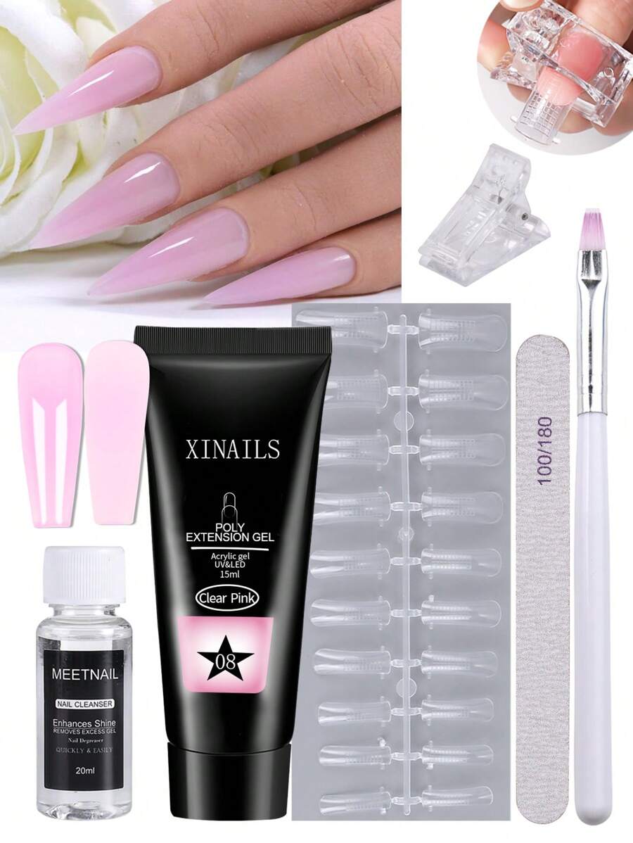25入組15毫升透明粉紅色延長聚合物指甲凝膠套件,附指甲檔,清潔劑,模具,夾子,刷子修甲工具套件,女性禮物