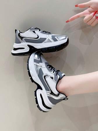 女休闲运动鞋银色复古厚底鞋2024秋季新款透气前交叉系带简约时尚个性厚底跑步鞋学生百搭运动鞋平底防滑户外滑板鞋