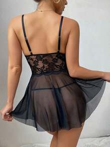 Las mujeres de encaje sexy lencería erótica de una sola pieza camisón sin espalda sexy ver a través de la ropa de dormir - Negro - Ver 2
